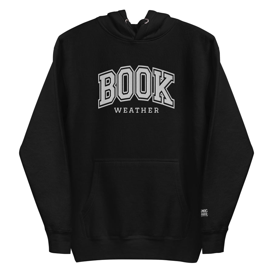 Book Weather — black premium pullover hoodie, front view