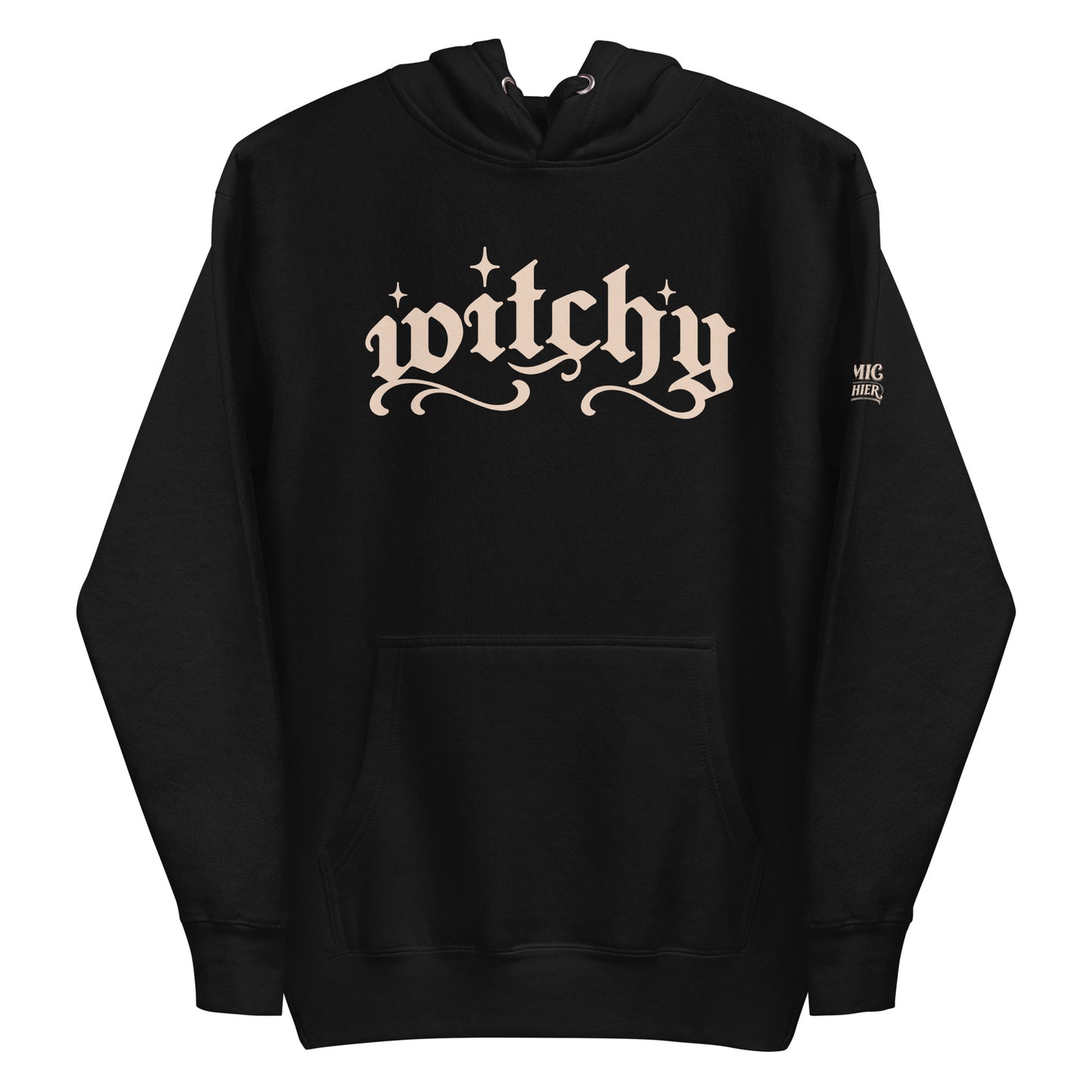 Witchy hoodie — word 'witchy' in ornate vintage serif lettering scattered. Unisex graphic hoodie, a great witchy gift.