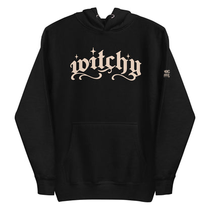 Witchy hoodie — word 'witchy' in ornate vintage serif lettering scattered. Unisex graphic hoodie, a great witchy gift.