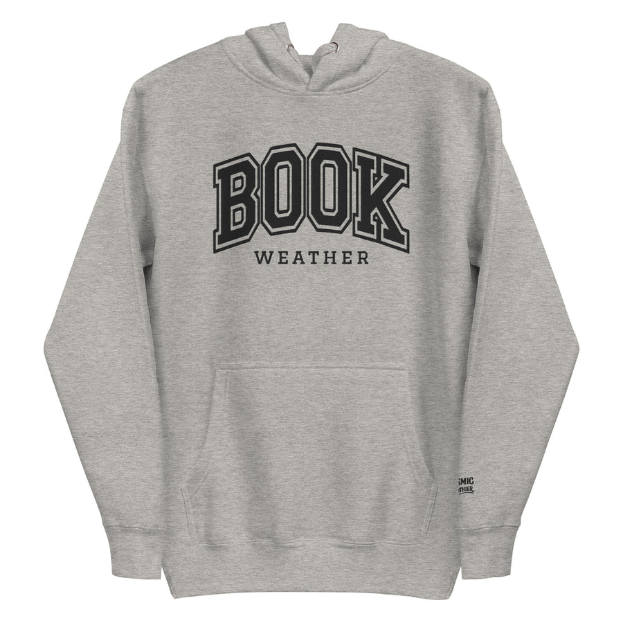 Carbon Grey Book Weather hoodie with the collegiate BOOK WEATHER varsity arch across the chest