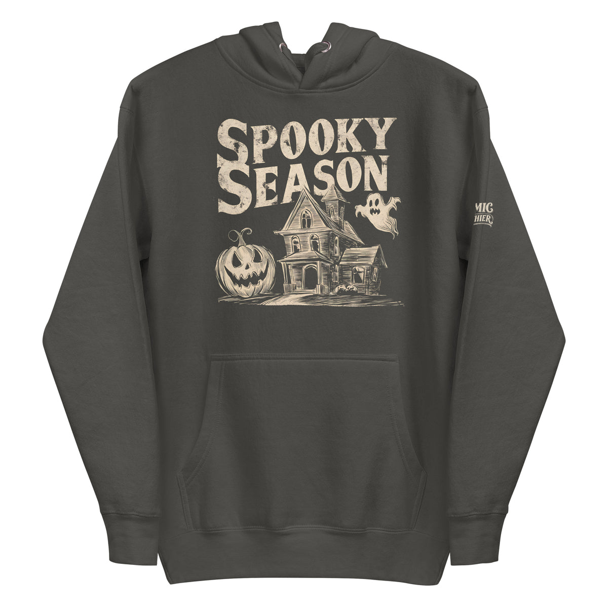 Vintage Halloween hoodie — 'Spooky Season' lettering over a sepia haunted house. Unisex graphic hoodie, a great Halloween gift.