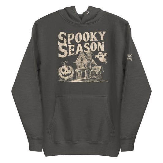 Vintage Halloween hoodie — 'Spooky Season' lettering over a sepia haunted house. Unisex graphic hoodie, a great Halloween gift.