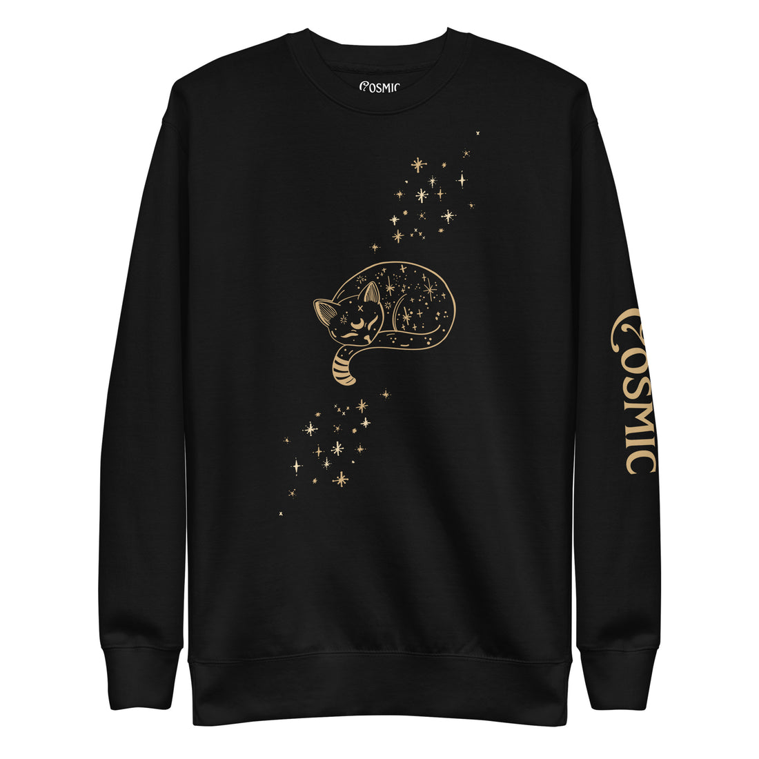 Black premium sweatshirt with cosmic cat celestial artwork, front view