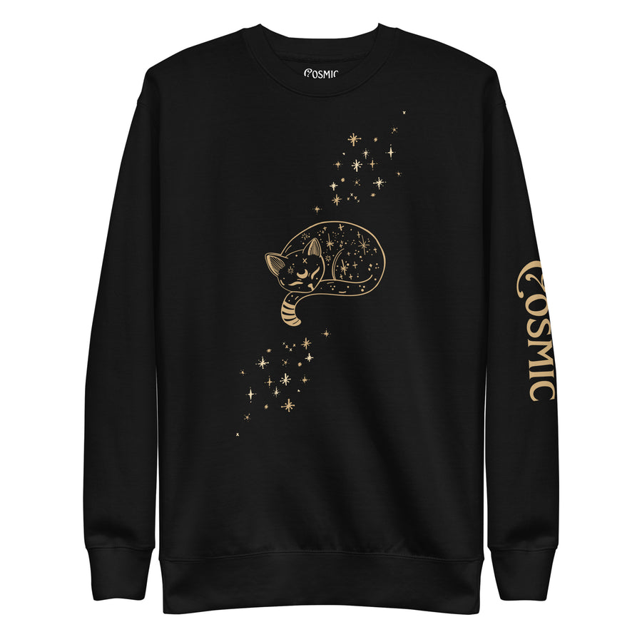 Black premium sweatshirt with cosmic cat celestial artwork, front view