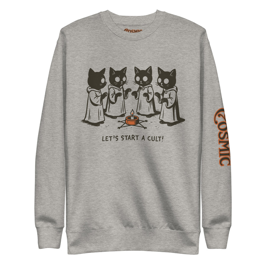 Funny cat sweatshirt — four robed cats gathered around a campfire beneath. Unisex graphic sweatshirt, a great cat-lover gift.