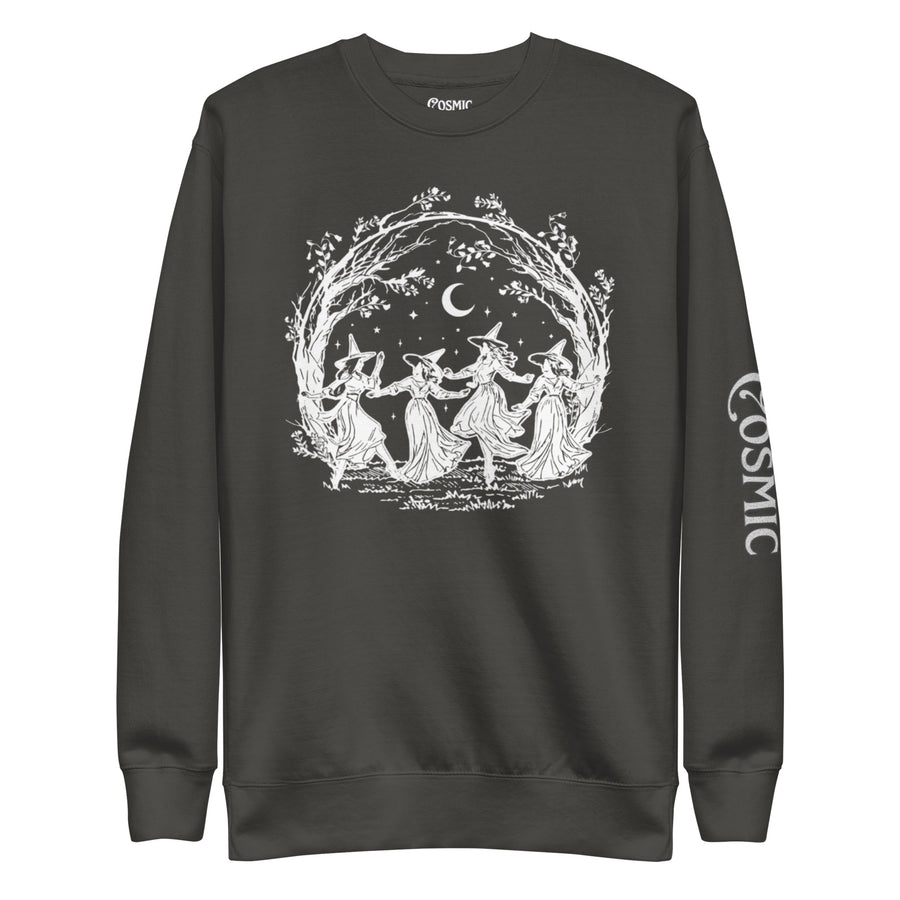 Witchy sweatshirt — ring of witches dancing under an arch of bare trees. Unisex graphic sweatshirt, a great witchy gift.