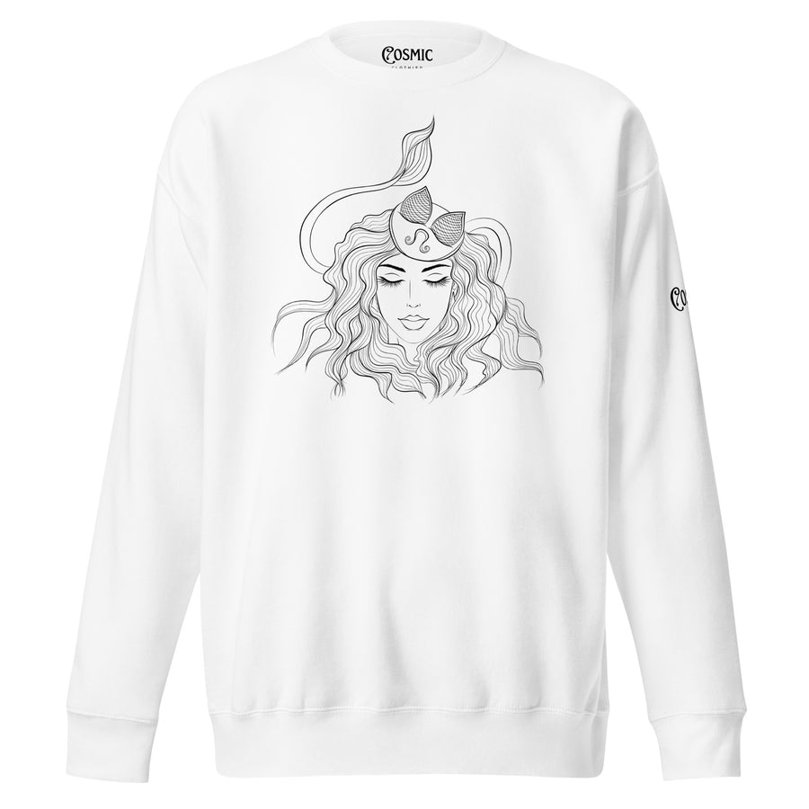White premium sweatshirt with long-haired lion Leo artwork, front view