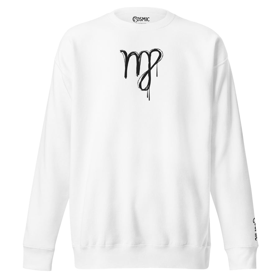 White premium sweatshirt with graffiti Virgo street art design, front view