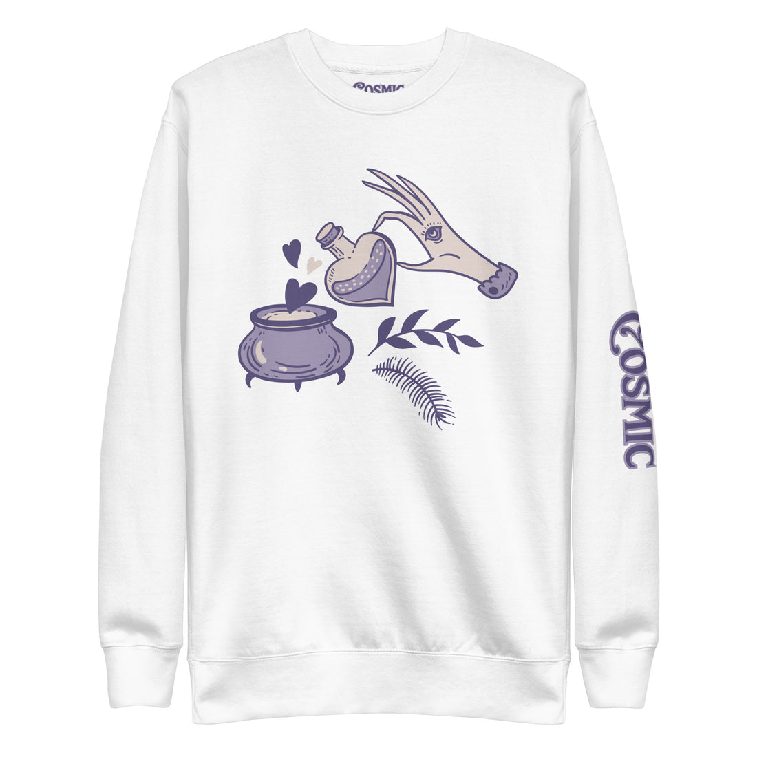 Witchy sweatshirt — purple line-art horse tipping a potion bottle. Unisex graphic sweatshirt, a great witchy gift.