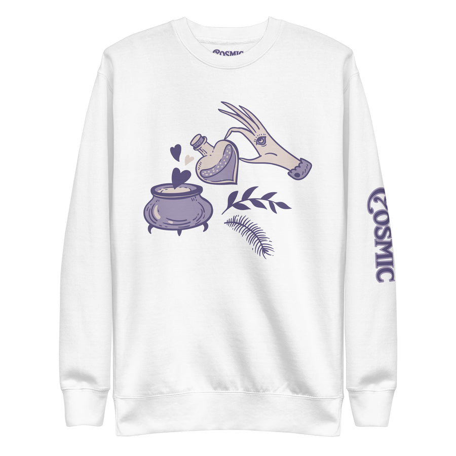 Witchy sweatshirt — purple line-art horse tipping a potion bottle. Unisex graphic sweatshirt, a great witchy gift.