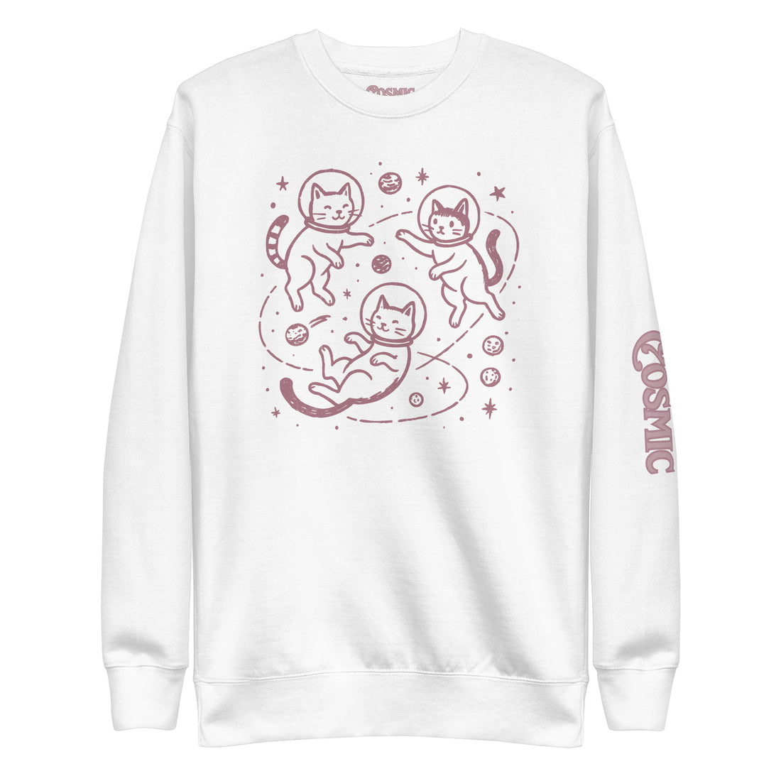 Space cat sweatshirt — pink line-art kittens tumbling between planets, stars. Unisex graphic sweatshirt, a great cat-lover gift.