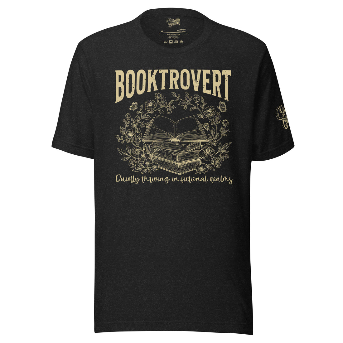 Booktrovert — black heather cotton tee, front view