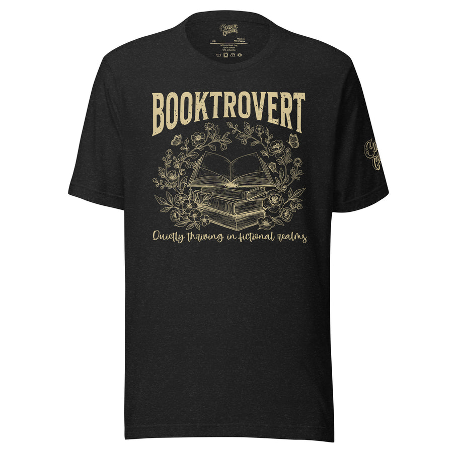 Booktrovert — black heather cotton tee, front view