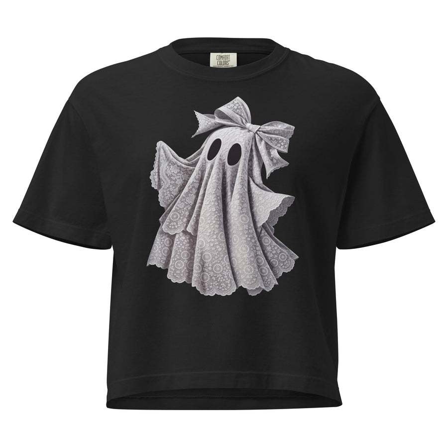 Coquette ghost boxy tee — finely engraved sheet ghost with a soft bow perched on top. Women's graphic t-shirt, a great coquette gift.