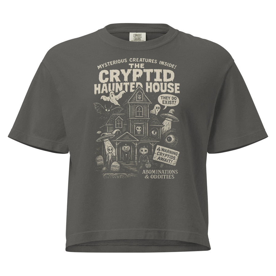 Cryptid Halloween boxy tee — dense vintage attraction poster. Women's graphic t-shirt, a great cryptid gift.