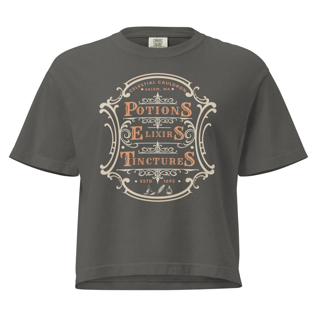 Potion Elixir Tincture — pepper women's heavyweight boxy tee, front view