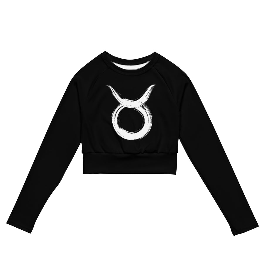 White recycled long-sleeve crop top with grunge Taurus logo print, front view