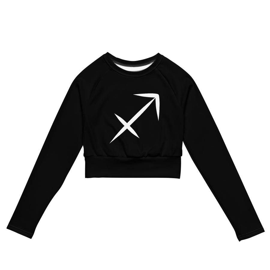 White recycled long-sleeve crop top with Sagittarius zodiac print, front view