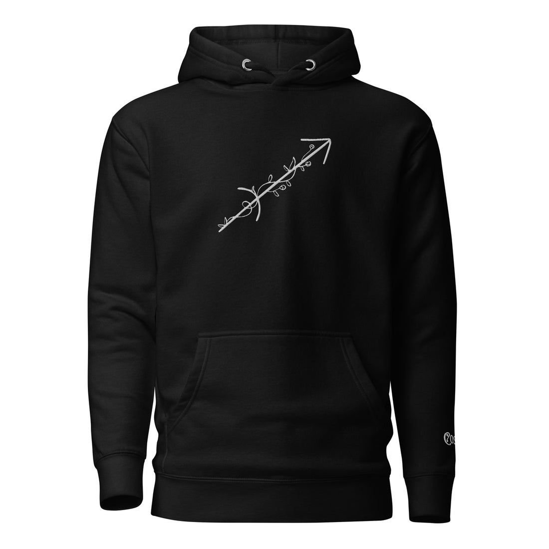 Black premium hoodie with flowery Sagittarius zodiac botanical design, front view